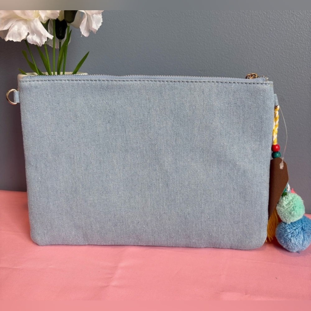 NEW Denim Embroidered Clutch with Tassels & Toucan - Picture 3 of 4